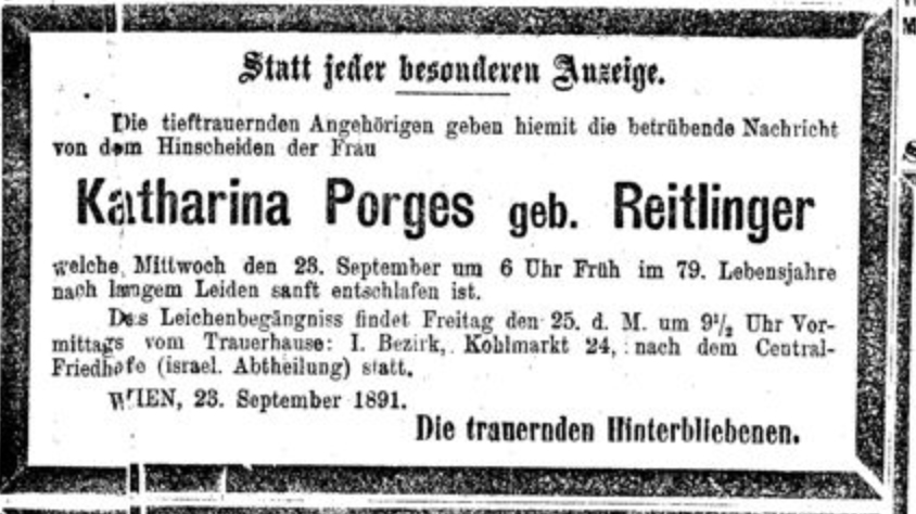 Obituary of Katharina Porges née Reitlinger, Vienna 1891